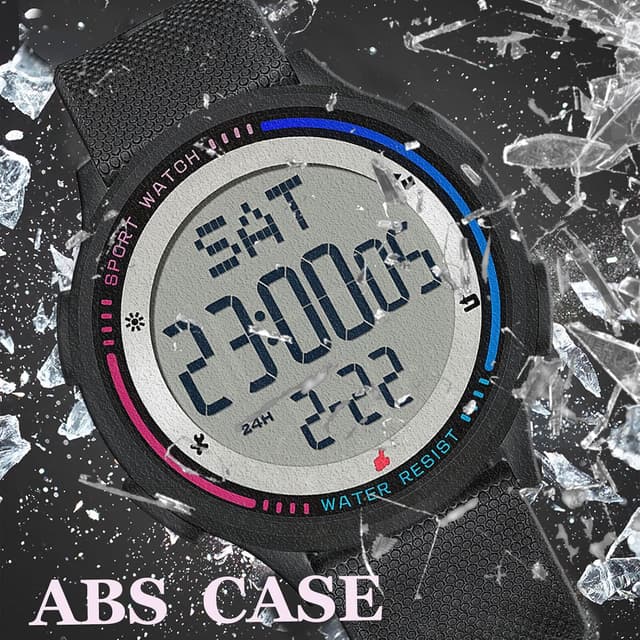 Detalle de findtime Digital-Damenuhr mit 5ATM, Dualzeit & Countdown – Rosa, mit Leuchtziffern