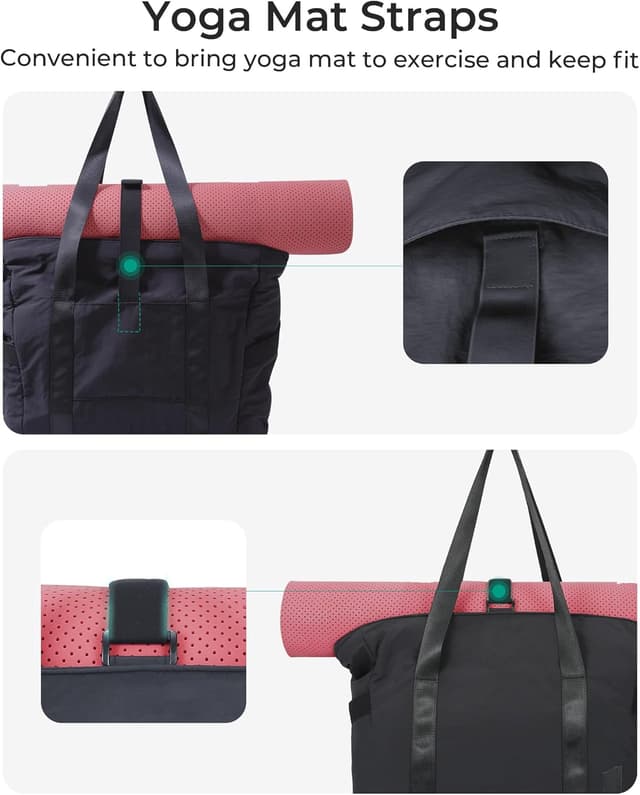 Detalle de BAGSAMRT women’s tote bag with zipper, yoga mat strap and side pockets (small/medium/large)