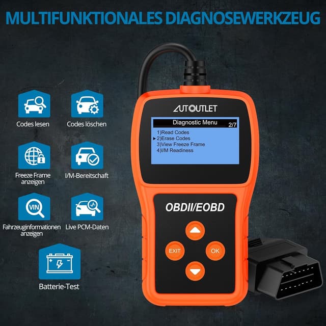 Detalle 2 de AUTOUTLET OBD2 Diagnosegerät (OBDII/EOBD), Codeleser mit DTC-Definition, 10 Sprachen, Daten in Echtzeit