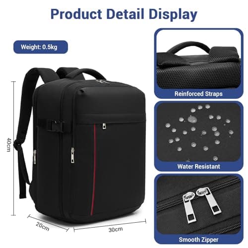 Detalle de Kono Mochila de viaje para Ryanair/Vueling cabina 40x30x20 cm (24L) con apertura 180° y compartimento portátil, negro