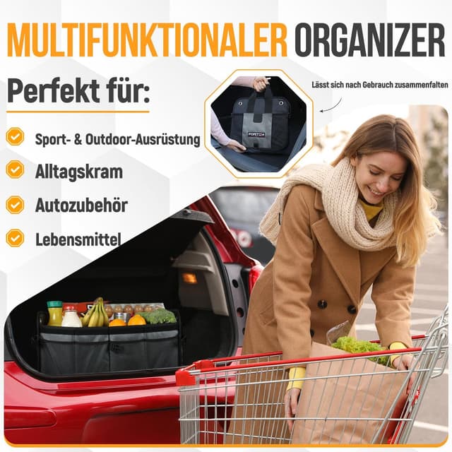 Detalle de FORTEM Kofferraum Organizer (klappbar) mit rutschfestem Boden, Seitentaschen und abnehmbarem Deckel – Grau, Groß