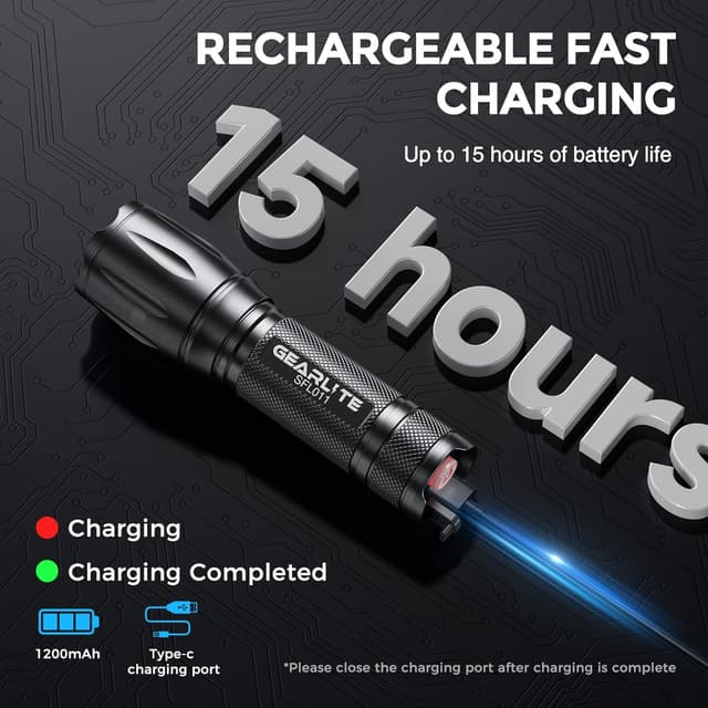 Detalle de GEARLITE LED Torch Rechargeable 2-Pack (2000LM) – Zoomable, 3 Modes, IP65