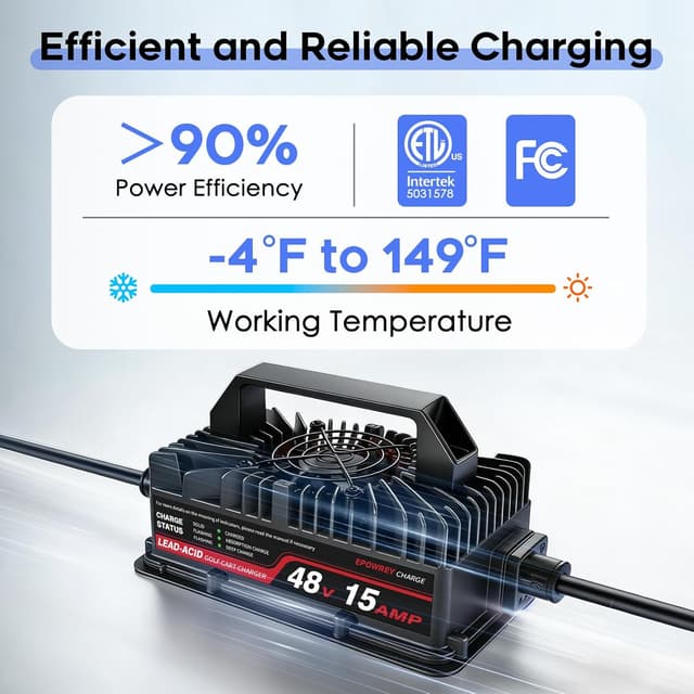 Detalle de EPOWREY 48 Volt Onboard 15 AMP Golf Cart Battery Charger (IP67, Ring Terminals)
