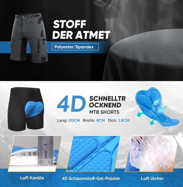 Detalle de Cycorld MTB Hose Herren – Schnelltrocknende Radlerhose mit 4D-Sitzpolster & Taschen (2-in-1-Set)