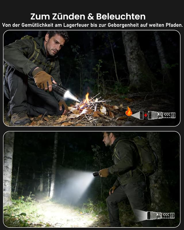 Detalle de Shadowhawk S1989 LED-Taschenlampe, 6000-mAh Akku, aufladbar (USB-C), mit Zündfunktion für Survival & Outdoor