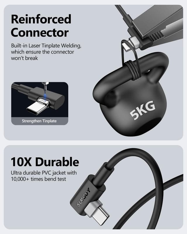 Detalle de SUNGUY abgewinkeltes USB‑C-zu‑USB‑C-Kabel (90°), PD 60W Schnellladefunktion, Nylon geflochten, 3 m – 2er-Set (3.0 m, Schwarz)