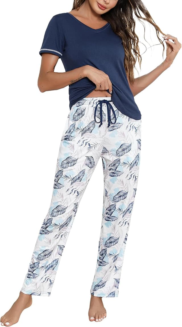 Detalle de Litherday Damen-Schlafanzug aus Baumwolle mit Kurzarm-Shirt und Pyjamahose (2-teilig)