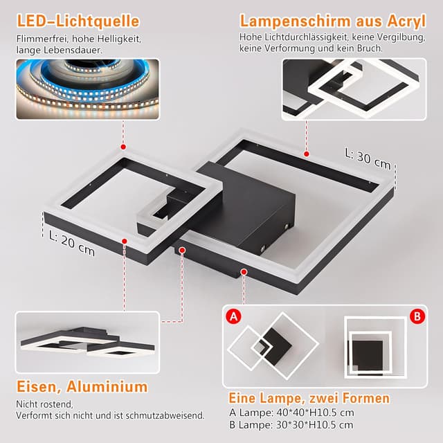 Detalle de SEATAIN LED Deckenleuchte Schlafzimmer, geometrisch schwarz, 30 W (3000 lm) mit Fernbedienung, 3000–6000 K und Nachtlicht