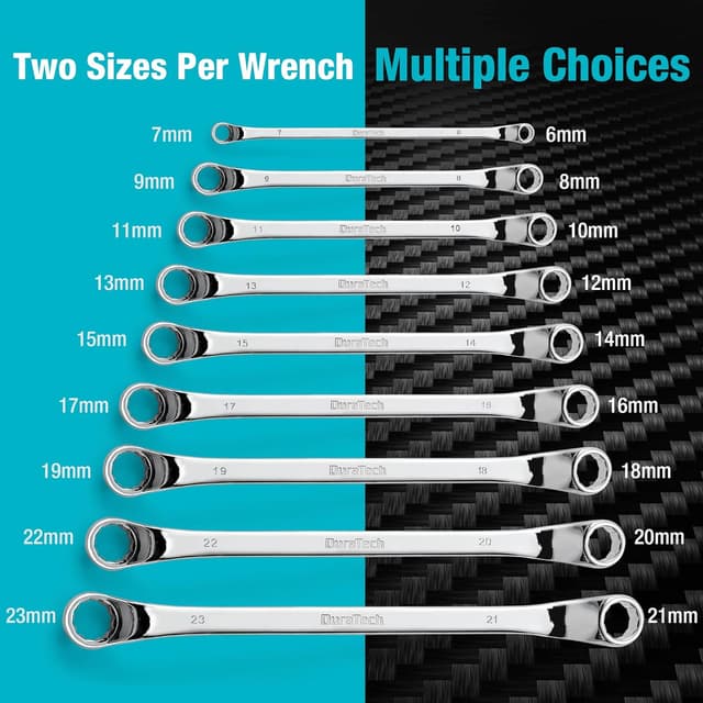 Detalle 2 de DURATECH set di chiavi a doppio anello sfalsate 9 pezzi metriche 6–23 mm (75°) in acciaio cromo-vanadio con custodia per rotolo