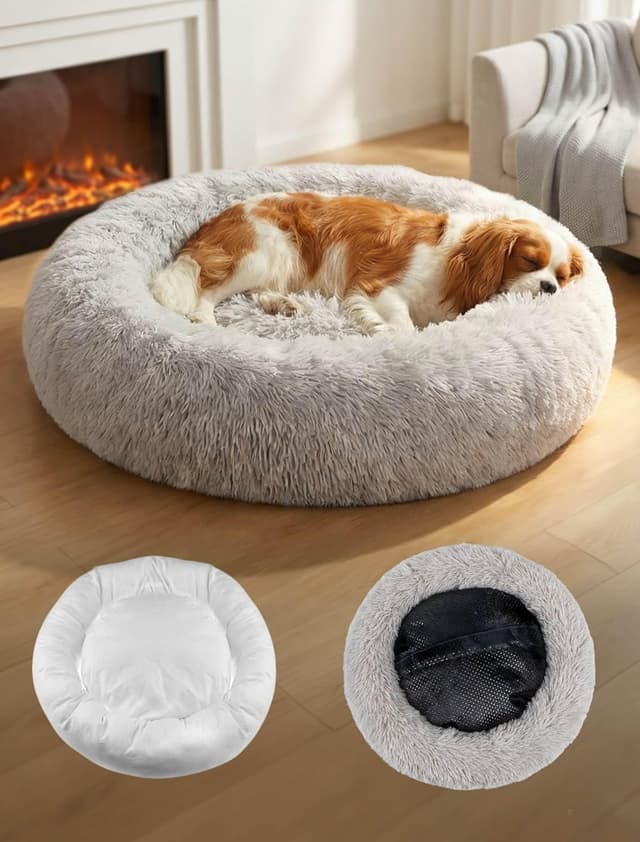 Detalle de OKPOW Donut Dog Bed Medium (60cm) with Removable Washable Cover, Anti-Anxiety Calming Plush Pet Bed