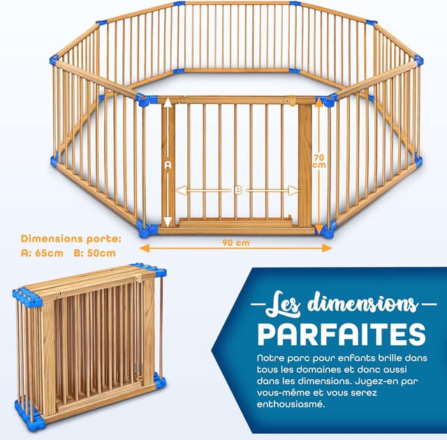 Detalle 2 de KIDUKU Barrière de sécurité Parc bébé XXL 7,2 m en pin massif (7,2 mètres, pliant) avec porte