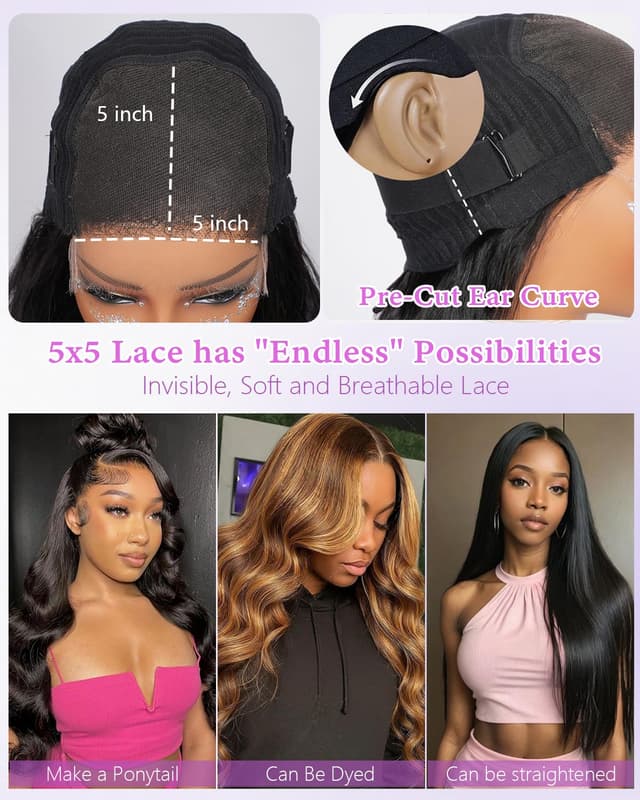 Detalle de luvobo 5x5 HD Lace Closure Wig (Human Hair, 28 Inch) with Ultra-Thin Invisible HD Lace