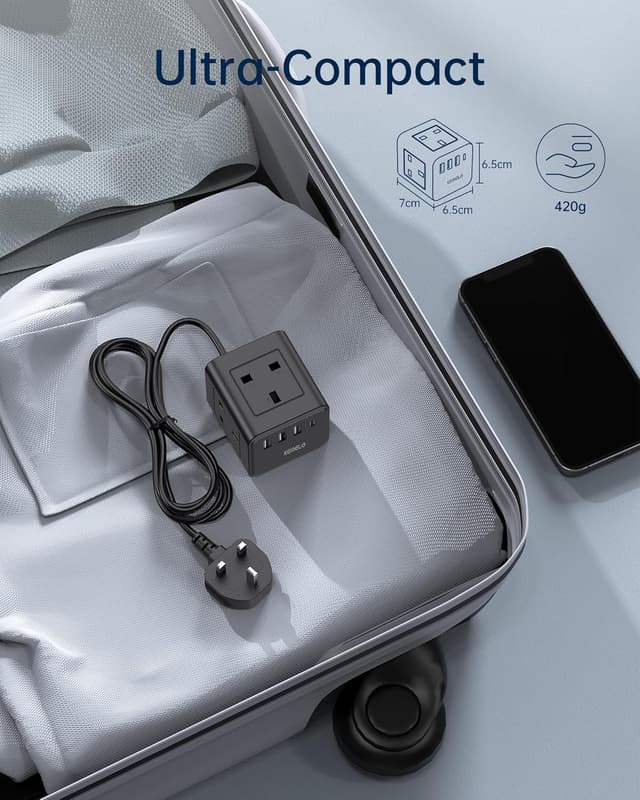 Detalle de Cube Kemelo 4-Way Extension Lead with 4 USB Slots (13A/3250W), 1.5m black travel power socket