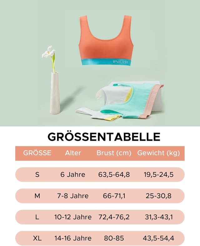 Detalle de INNERSY reggiseno sportivo da bambina in cotone senza ferretto (con confezione da 3), taglie 116-164