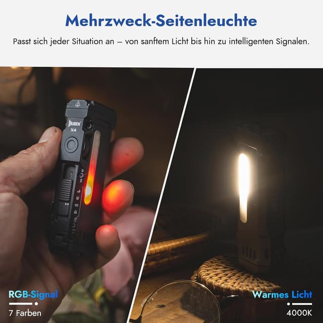 Detalle de WUBEN X4 Mini LED Taschenlampe mit RGB-Licht, 1.500 Lumen & IP65 (EDC, USB‑C, aufladbar)