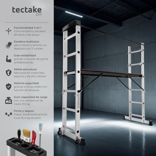 Detalle 2 de tectake® escalera plegable de aluminio 4 en 1 telescópica, tijera y andamio con ruedas (hasta 150 kg)