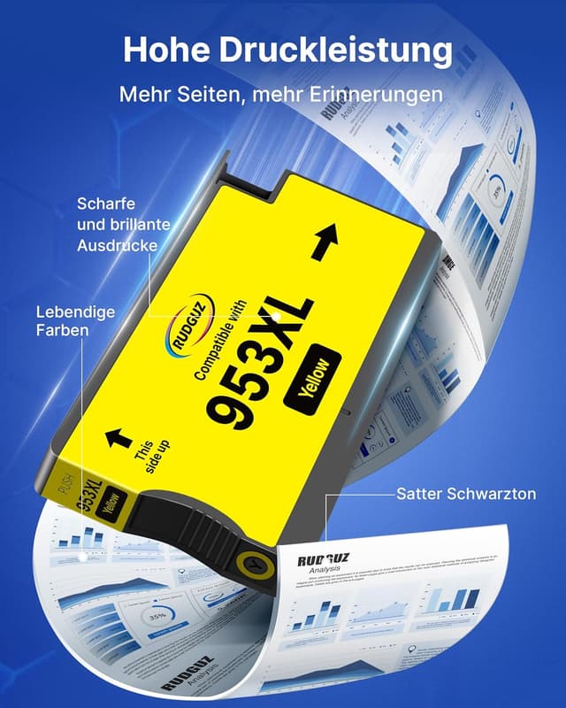 Detalle de RUDGUZ 953XL Druckerpatronen kompatibel für HP 953XL Multipack (4er-Pack) – Schwarz, Cyan, Magenta, Gelb