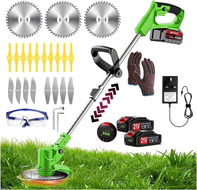 Detalle de Cordless Telescopic Strimmer Kit with 2×21V Batteries, Fast Charger & Spare Blades (Electric Cordless, 2.5kg)