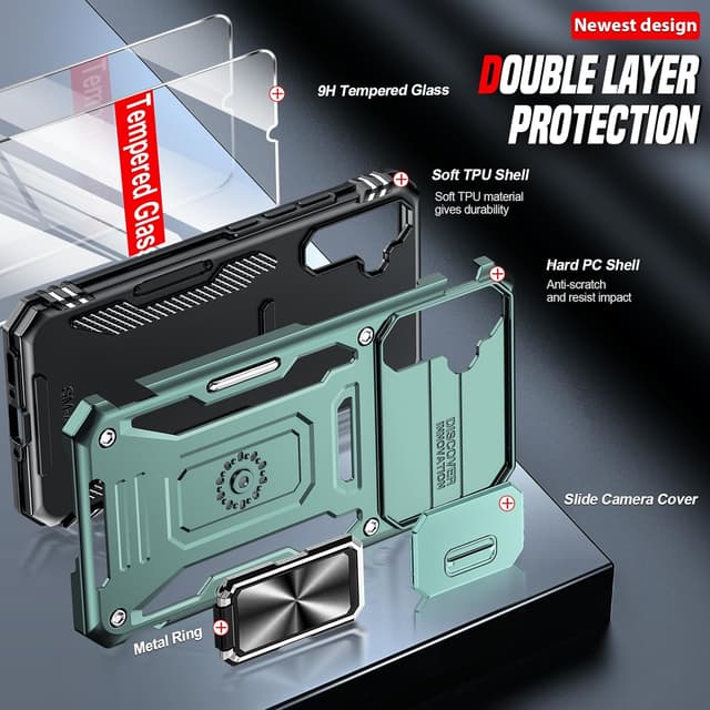 Detalle 2 de LeYi Samsung Galaxy A34 5G Case with rotating kickstand, sliding camera cover and screen protectors (Light Green)