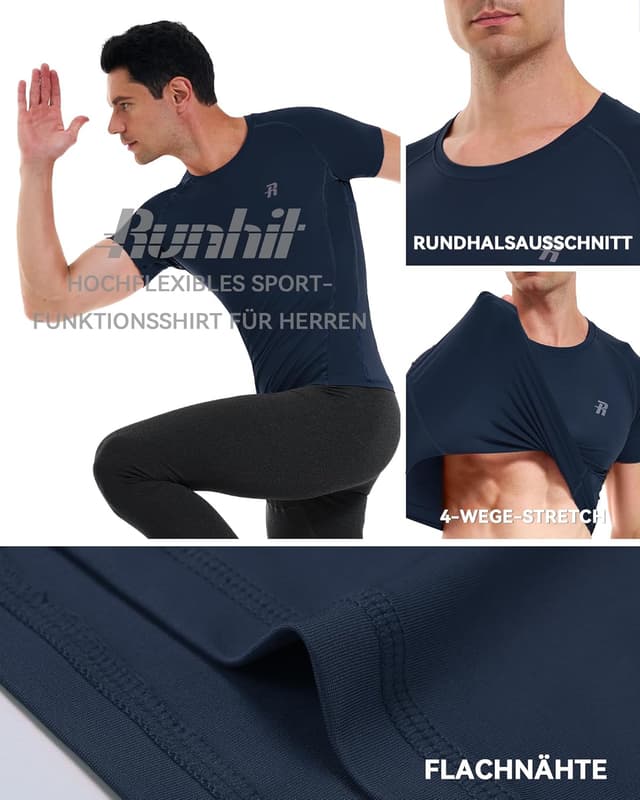 Detalle 2 de Runhit 3er Pack Kompressionsshirt Herren Kurzarm – Funktionsshirt mit Schnell-Trocknung und atmungsaktivem Mesh