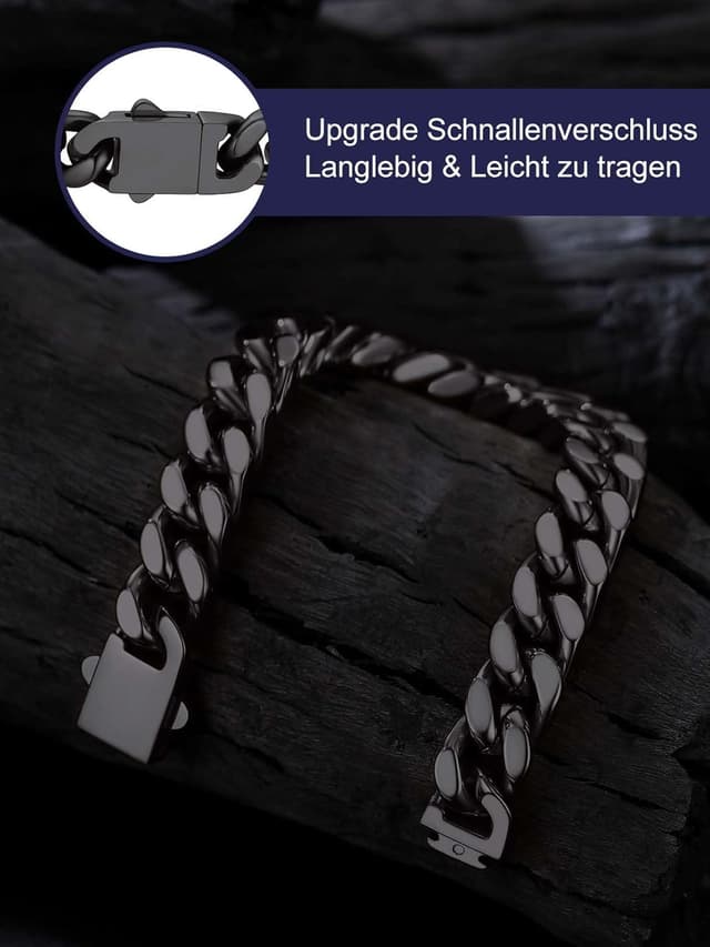 Detalle 2 de Bandmax Herren-Armbänder aus Edelstahl – Panzerarmband im Cuban-/Miami-Glieder-Design (5/7/9/12 mm) in Silber/Schwarz/Gold