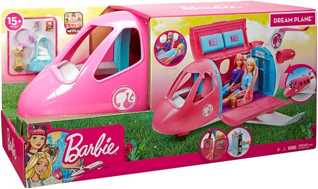 Detalle 2 de Barbie Flugzeug Dream Plane (GDG76) – Spielzeug-Flieger in Rosa, ohne Puppe, mit beweglichen Rädern und 15 Zubehörteilen