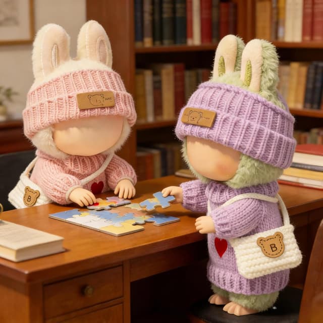 Thumbnail 1 de (2 Pack) Clothes for LABUBU 17cm Doll — 6-Piece Crochet Accessory Set (Heart Sweater + Hat + Bag)