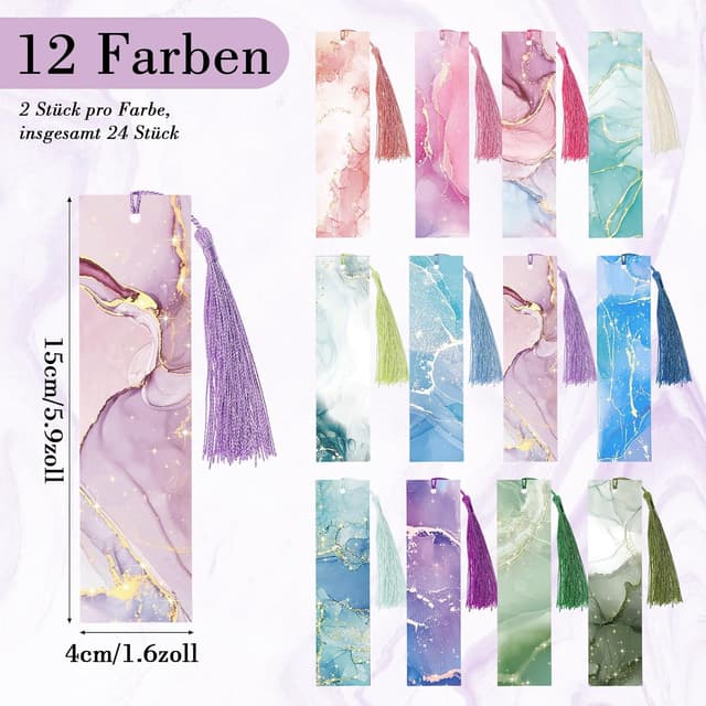 Detalle de 24er Lesezeichen-Set mit Marmorierung & Quasten (beschriftbar), 15 x 4 cm – 12 Farben