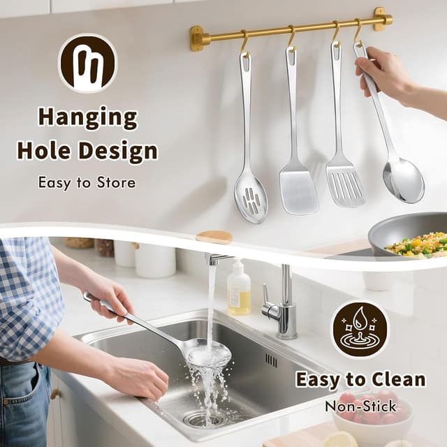 Thumbnail 5 de 4-Piece Stainless Steel Cooking Utensils Set (Solid & Slotted Turner, Wok Spatula, Serving Spoon)