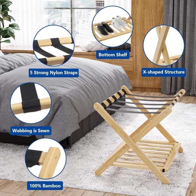 Detalle de Smuxee Fully Assembled Bamboo Foldable Luggage Rack with Shelf & 5 Nylon Straps