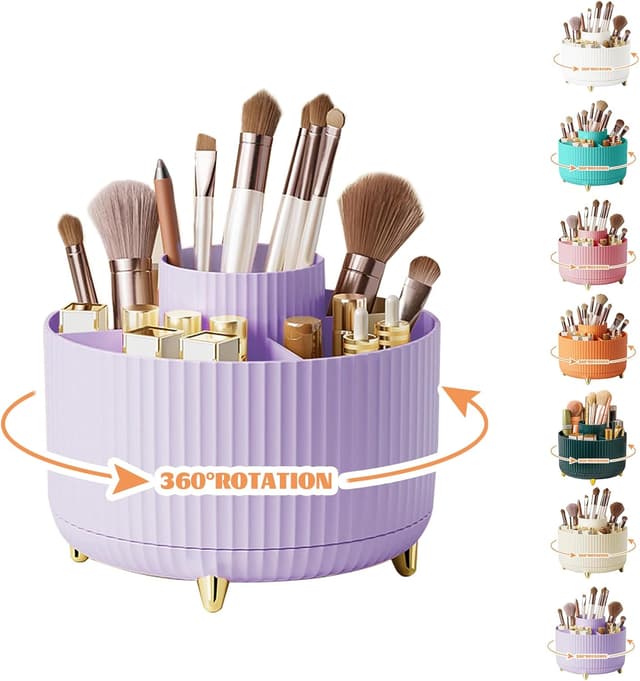 Detalle de 360° Drehbarer Make-up Organizer mit 5 Fächern – Make-up & Pinselhalter in Violett