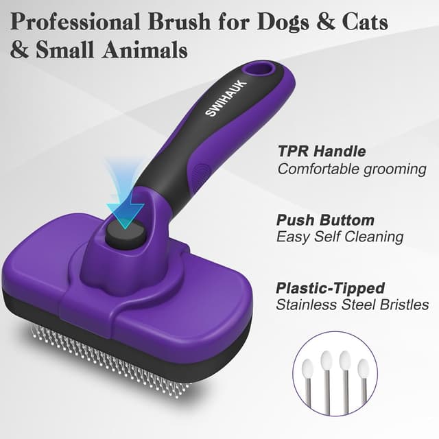 Detalle de Swihauk Self-Cleaning Slicker Brush for Dogs & Cats (Purple) — Skin-Friendly Grooming for Shedding