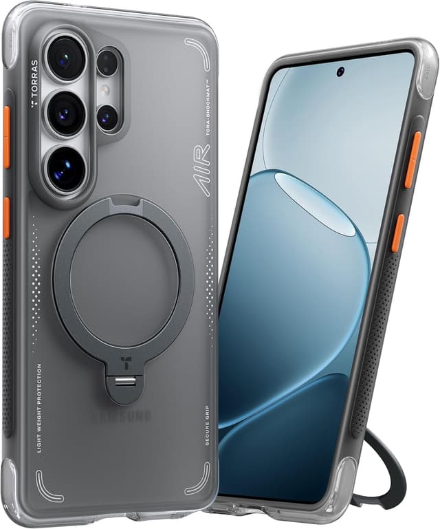 Detalle de TORRAS 360° Ostand Q3 Air case for Samsung Galaxy S26 Ultra – MagSafe magnetic, airbag shockproof protection, rotating stand