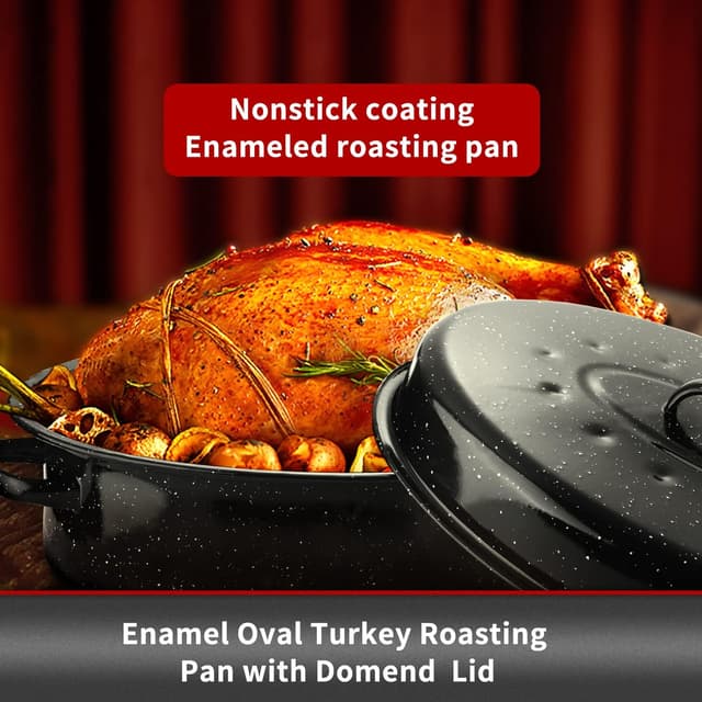 Thumbnail 2 de JY COOKMENT Granite Roaster Pan (18 in) with Domed Lid, Oval Enamel Roasting Pan for Turkey, Chicken, and Vegetables