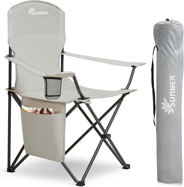 Detalle de SUNMER Folding Camping Chair (Extra Wide, Armrests & Cup Holder) – Light Grey, 120 kg capacity