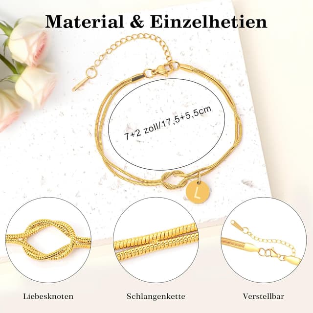 Detalle 2 de HAYOUWAY Liebesknoten-Armband Damen Gold mit Buchstaben (14K vergoldet, verstellbar)