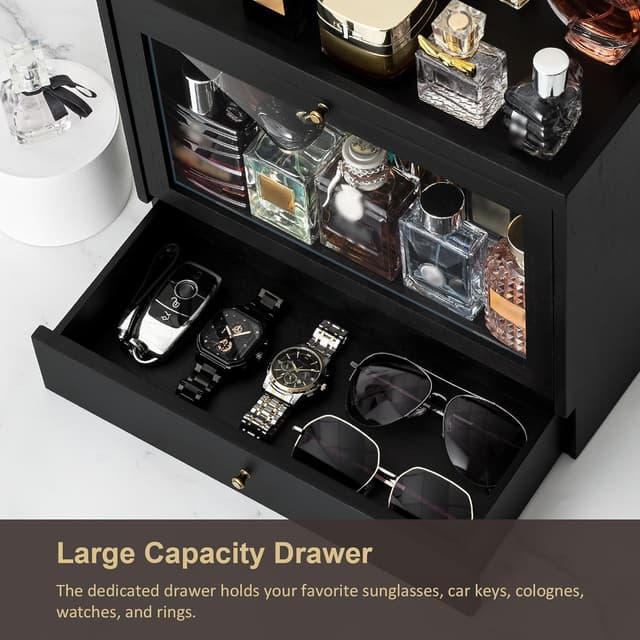 Detalle 2 de Emfogoo Cologne Stand (Black) – Solid Wood 3-Tier Perfume Organiser with Drawer Storage