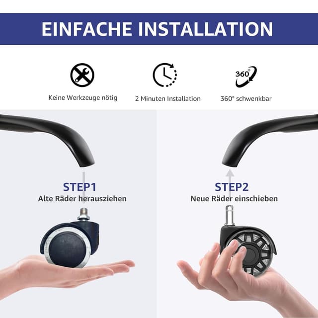 Detalle de Mastery Mart Bürostuhl Rollen 11 mm – leise Gummirollen im 5er Set (schwarz) für Hartböden