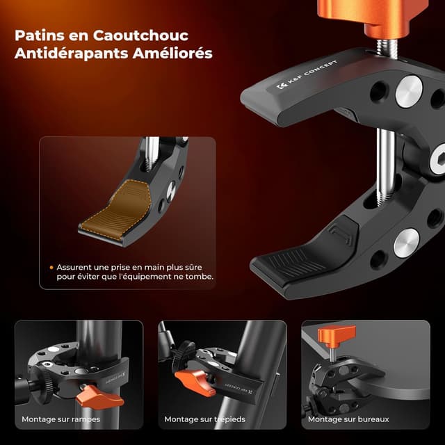 Detalle de K&F CONCEPT Twin-Pack Super Clamp avec pas de 1/4" – ouverture max. 60 mm