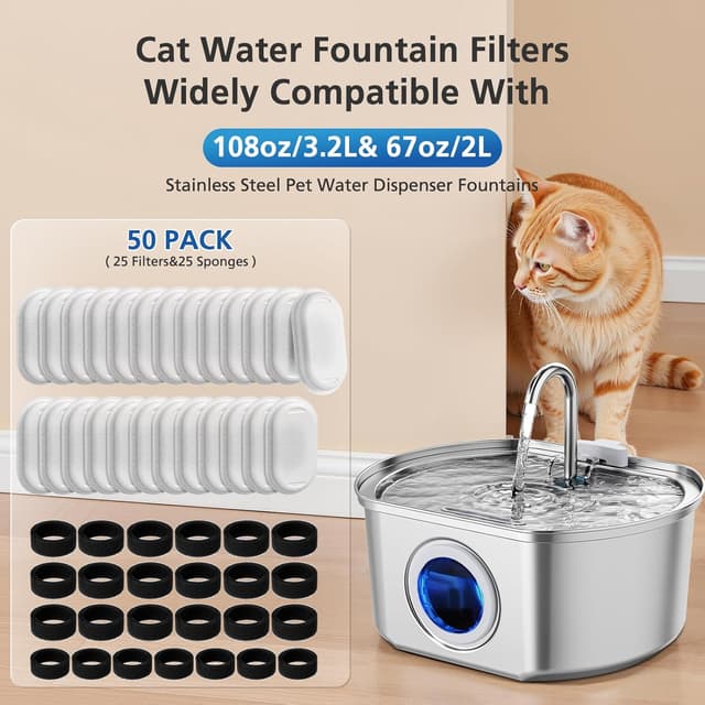 Detalle 2 de 50-Pack Cat Water Fountain Filter Replacements for 108/3.2L and 67oz/2L Stainless Steel Pet Fountains
