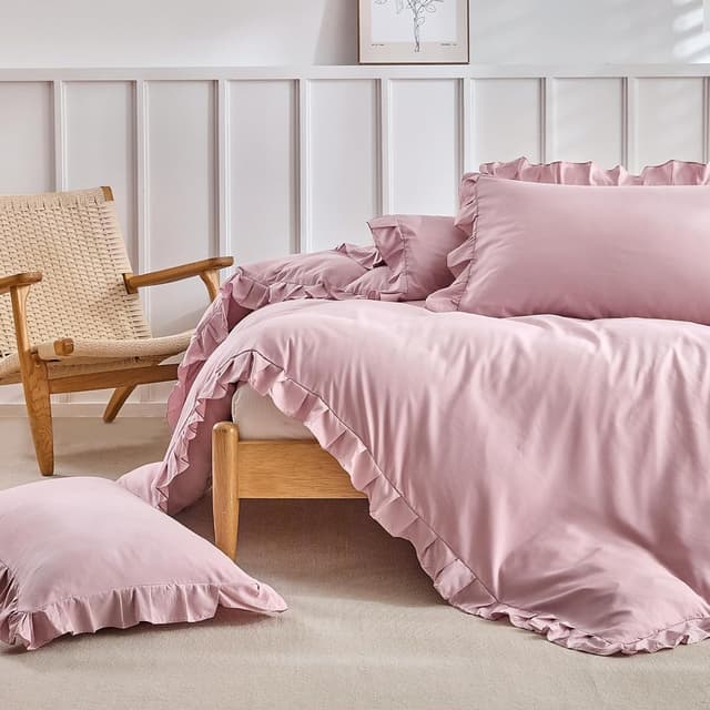 Thumbnail 6 de Tokokimo Ruffle Duvet Cover Double (200x200 cm) in Pink with 2 Pillowcases