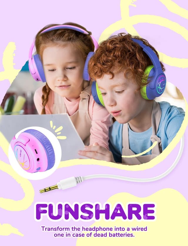 Thumbnail 6 de iClever Bluetooth-Kinderkopfhörer mit LED-Licht, 74/85 dBA Lautstärkebegrenzung & 43 Std. Spielzeit (Type-C, AUX) – Rosa lila