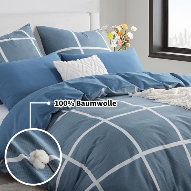 Detalle de RUIKASI Bettwäsche 135x200 cm Baumwolle, 4-teilig Denimblau mit Karo – mit Reißverschluss