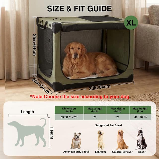 Detalle 2 de Derimkcoa 83 x 64 x 64cm Collapsible Travel Dog Crate (Soft, 4-door, green) up to 27kg