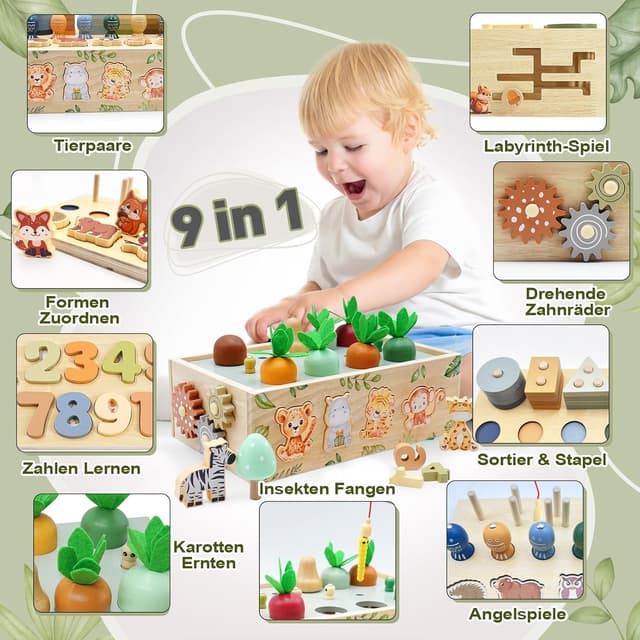 Detalle de Montessori Safari Motorikwürfel aus Holz (ab 1 Jahr) – 9-in-1 Motorikspielzeug