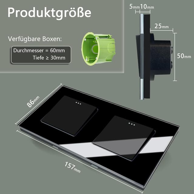 Detalle 2 de TAWOIA Lichtschalter 1-fach/2-Wege (Doppel-Schalter) Unterputz 86 × 157 mm in Schwarz