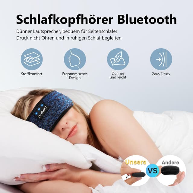 Detalle de LC-dolida Schlafkopfhörer Bluetooth 5.4 als Stirnband (Schlafmaske-Headband) – Blau