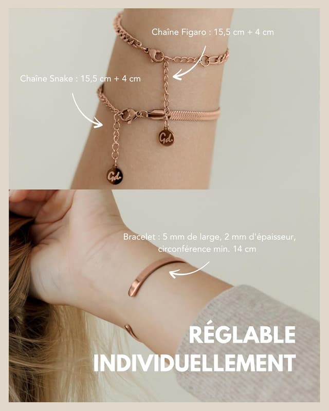 Detalle de GD GOOD.designs – Set de 3 bracelets femme en acier inoxydable 316L (or, argent ou or rose), ajustables