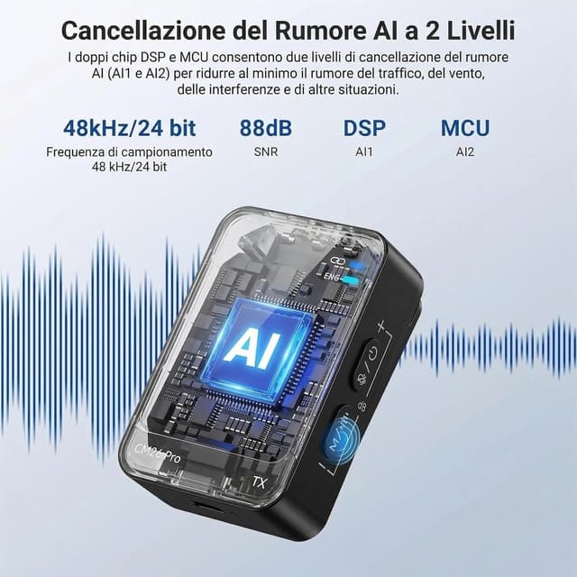 Detalle 2 de NEEWER CM26 Pro microfono wireless AI per iPhone, Android, fotocamera e PC (lavalier)
