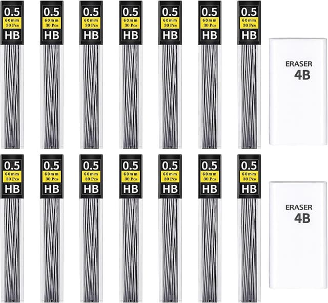 Detalle de KMEIVOL 450 pcs 0.5mm pencil lead refills (HB) with 2 erasers for 0.5mm mechanical pencils